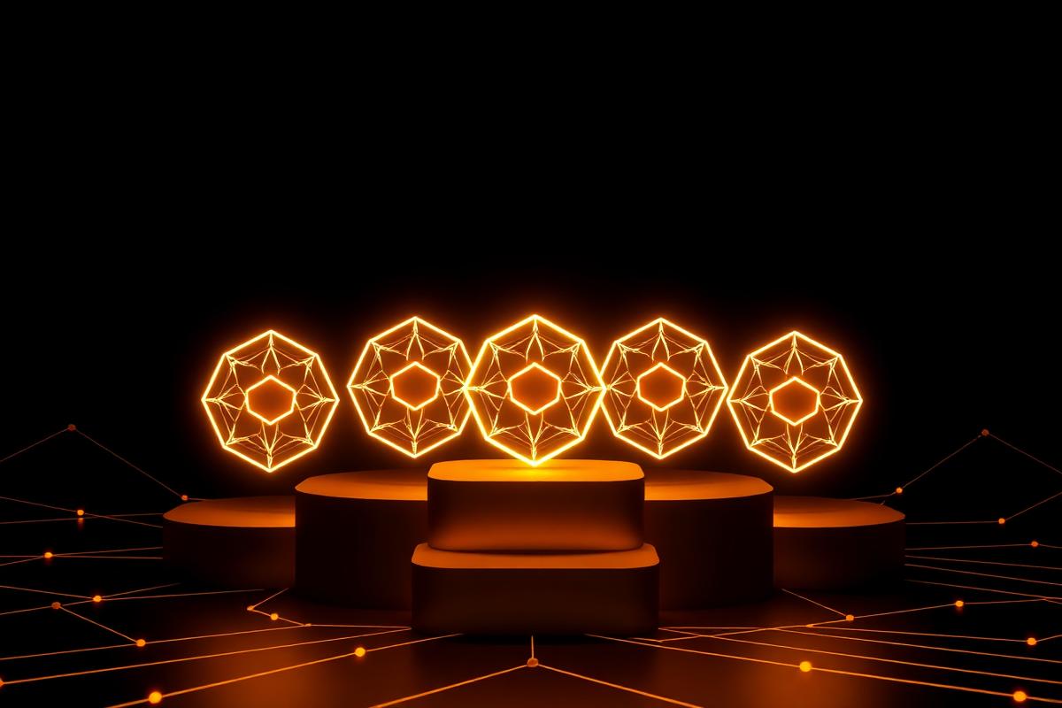 Five glowing golden hexagonal blockchain nodes on a ranked podium