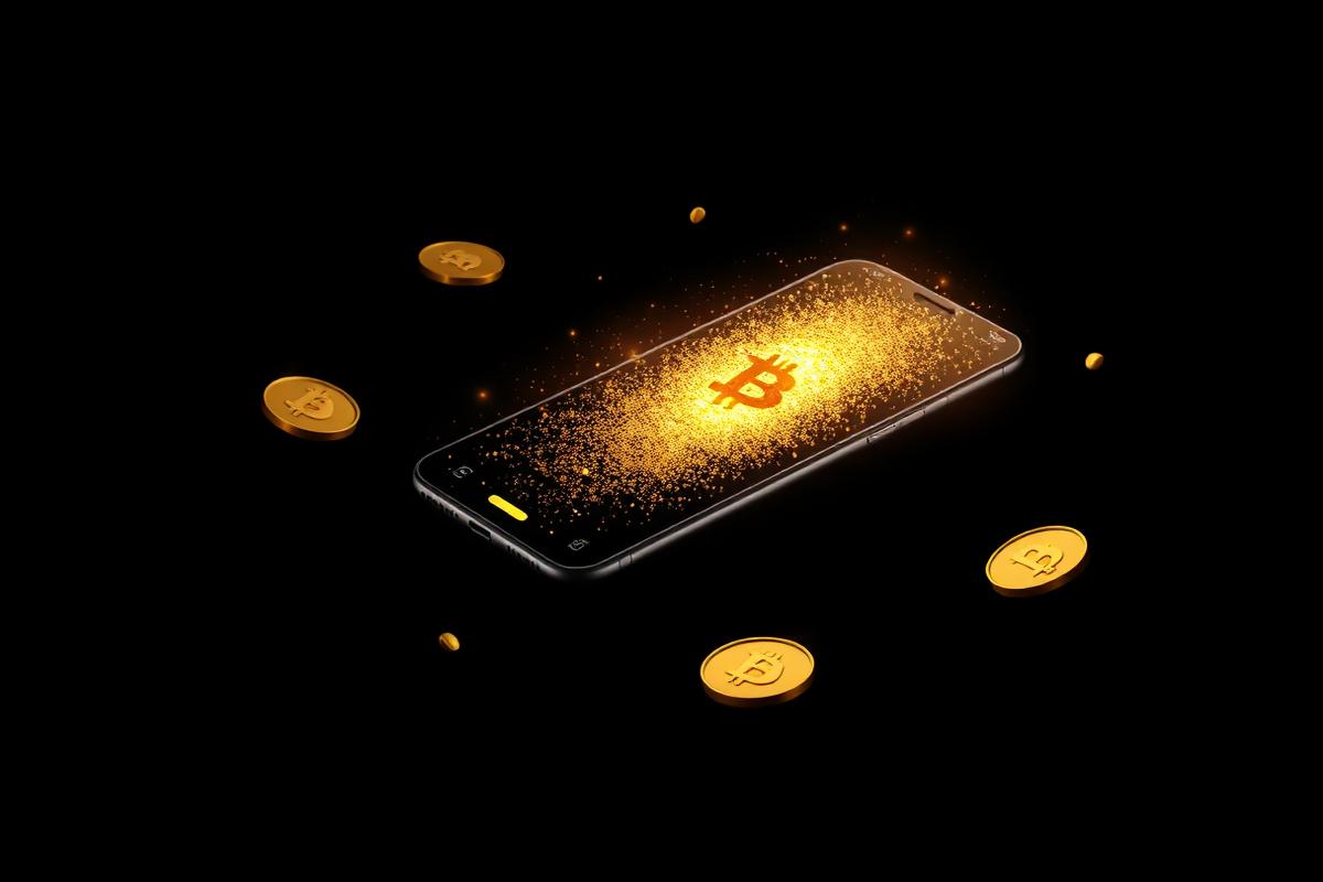 Smartphone emitting golden mining particles against a black background