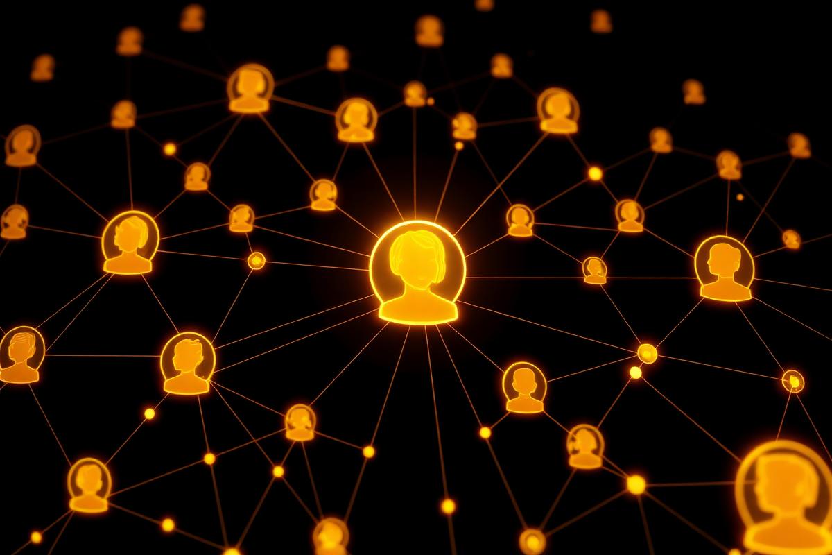 Golden social graph of connected profile avatars on a black background