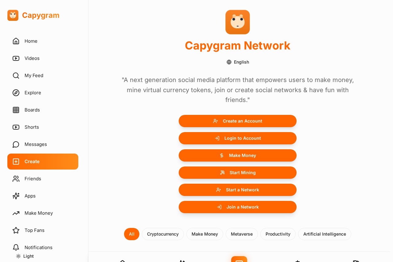 Screenshot of the Capygram.com homepage showing the Capygram Network app directory