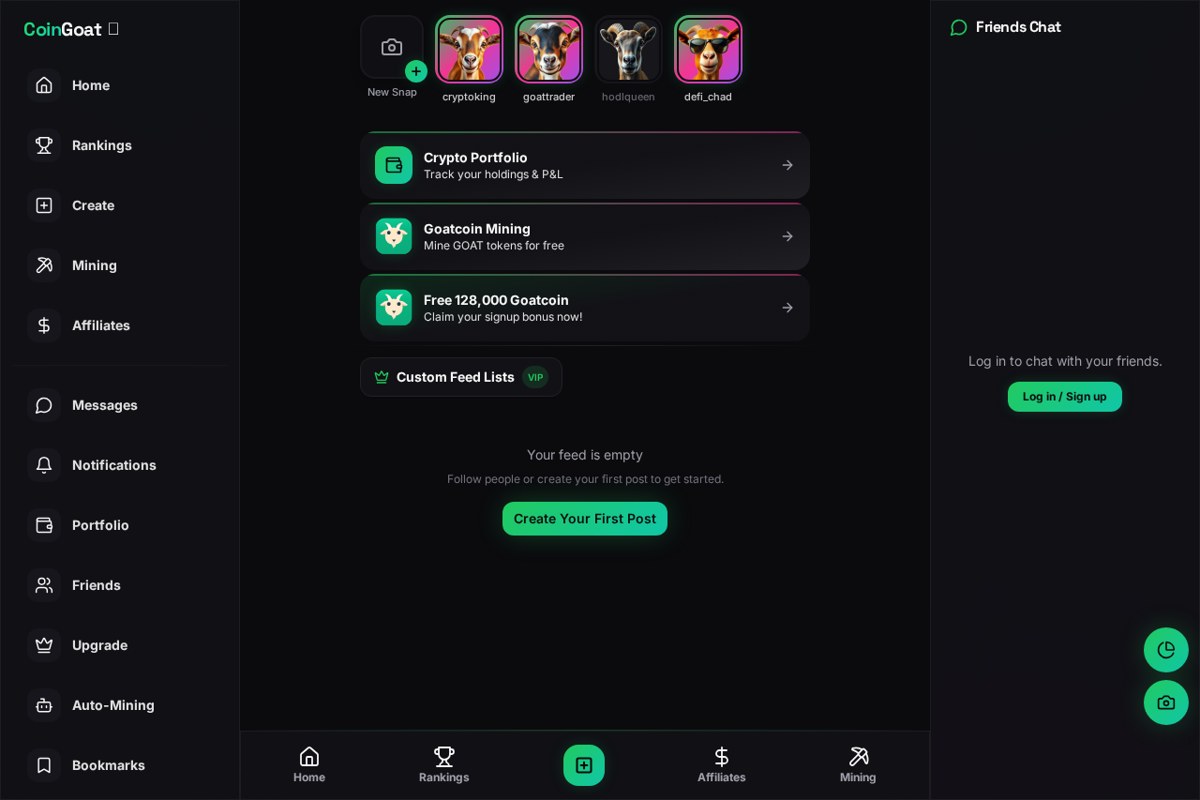 Screenshot of the CoinGoat.com app showing the portfolio, Goatcoin mining and social feed