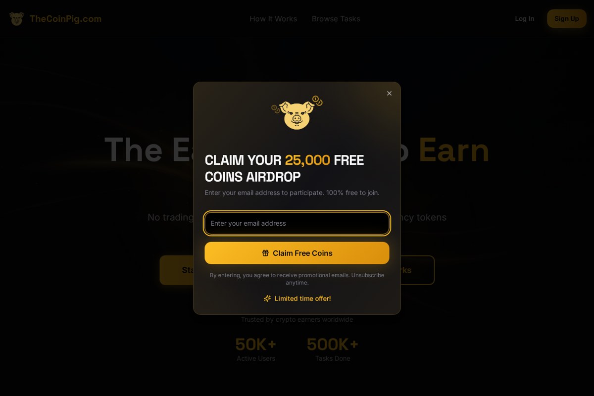 Screenshot of the TheCoinPig.com homepage showing crypto micro-task categories and free earning signup