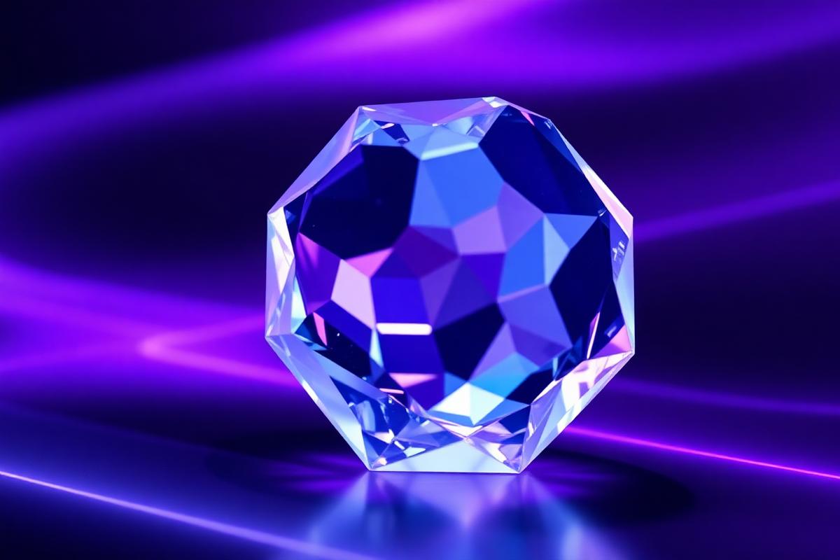 Faceted violet crystal octahedron floating over a dark background